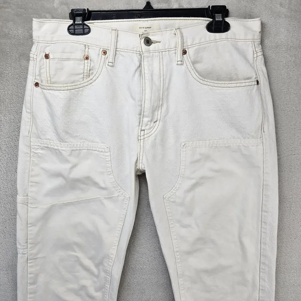 Levis 502 Altered Jeans Mens 33x27 White Tapered Regular Fit Double Knee Denim